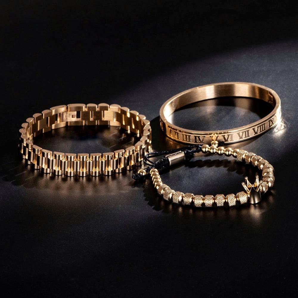 Kit Crowman - Alfa Wear - dourada, kit de pulseiras, luxo, luxuosa, luxury, magnata, ouro, premium, rei