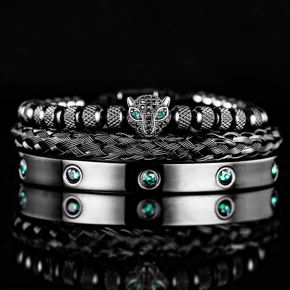 Kit Felinum - Alfa Wear - esmeralda, kit de pulseiras, luxo, luxuosa, luxury, magnata, pantera, pantera negra, prata, prateada, premium, pulseira de prata, rei