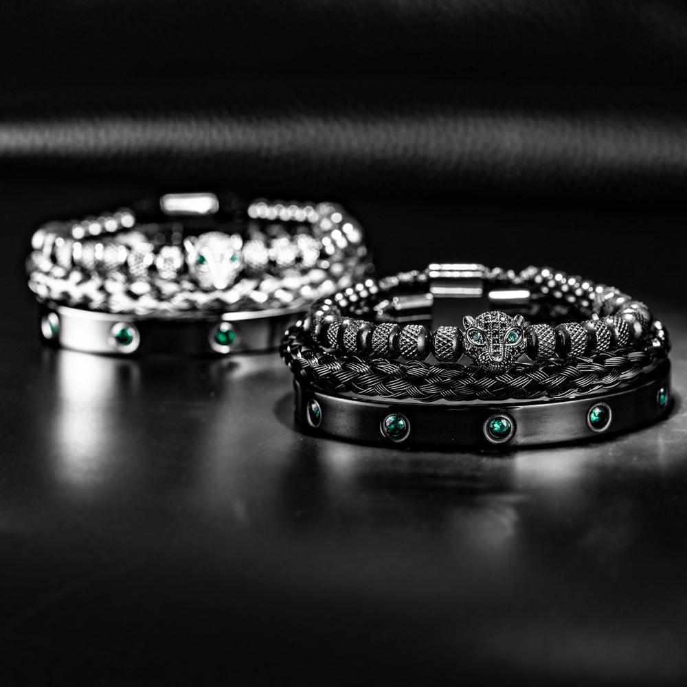 Kit Felinum - Alfa Wear - esmeralda, kit de pulseiras, luxo, luxuosa, luxury, magnata, pantera, pantera negra, prata, prateada, premium, pulseira de prata, rei