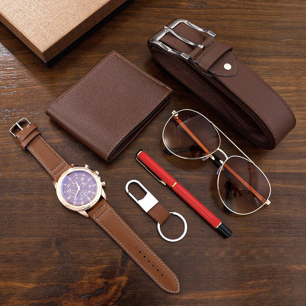 Kit Modern (6 itens) - Alfa Wear - caneta, carteira, carteira de couro, chaveiro, cinto, combo, completo, kit, kit de couro, kit relógio, kits, marrom, relógio masculino, óculos