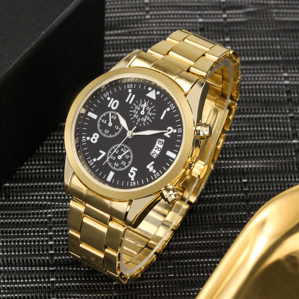 Kit Golden - Alfa Wear - banhado, combo, dourado, folheado, kit, kit pulseira, kit relógio, kits, ouro, pulseira masculina, relógio masculino